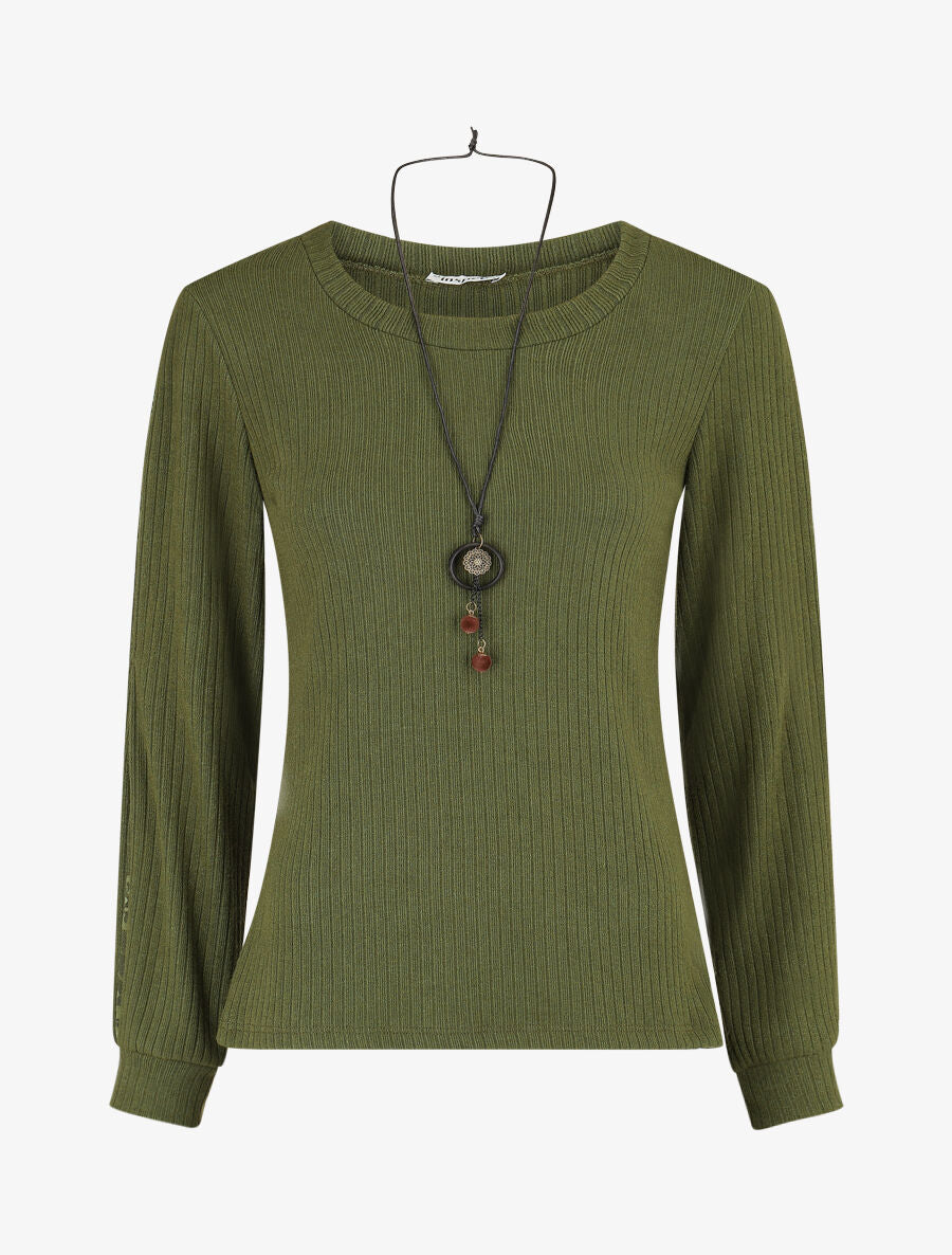 Pull côtelé à manches détails dentelle - Vert - 1