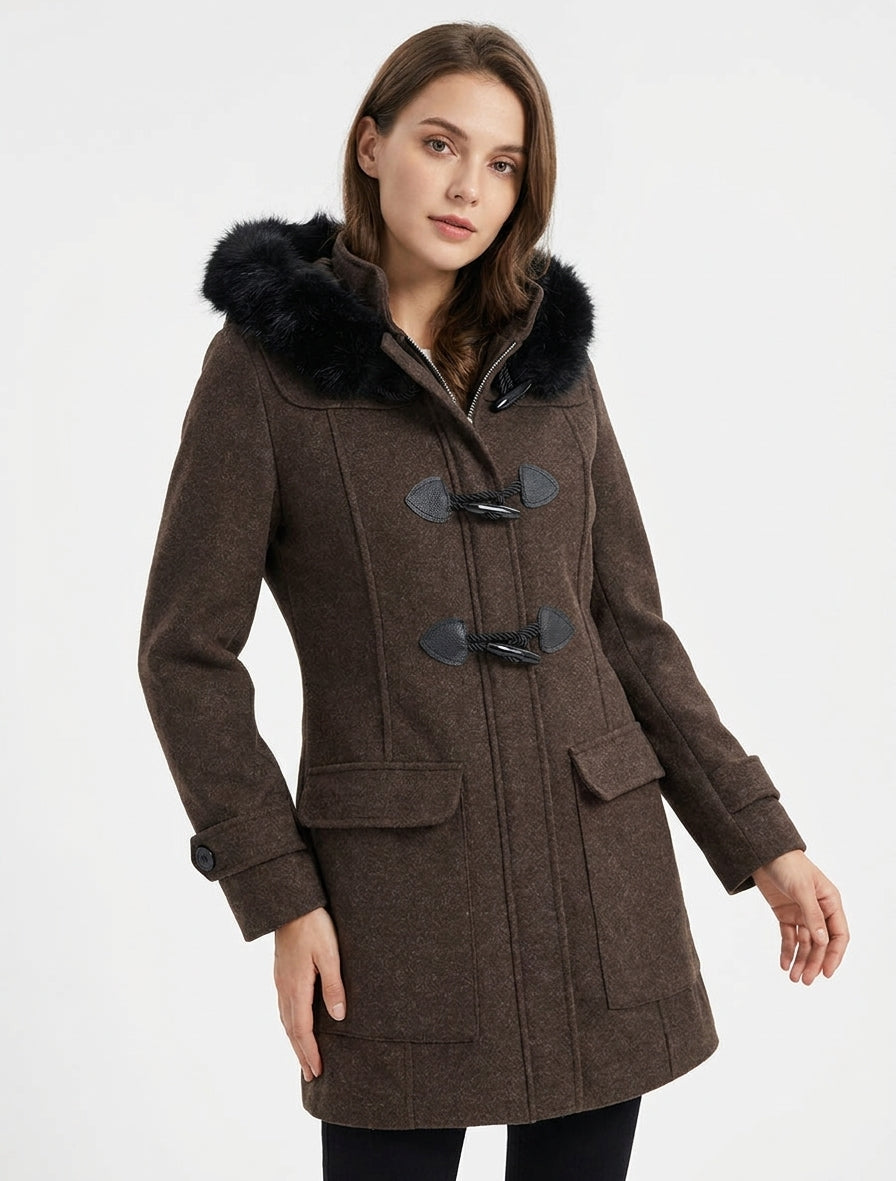 Effen duffelcoat met capuchon - Bruin