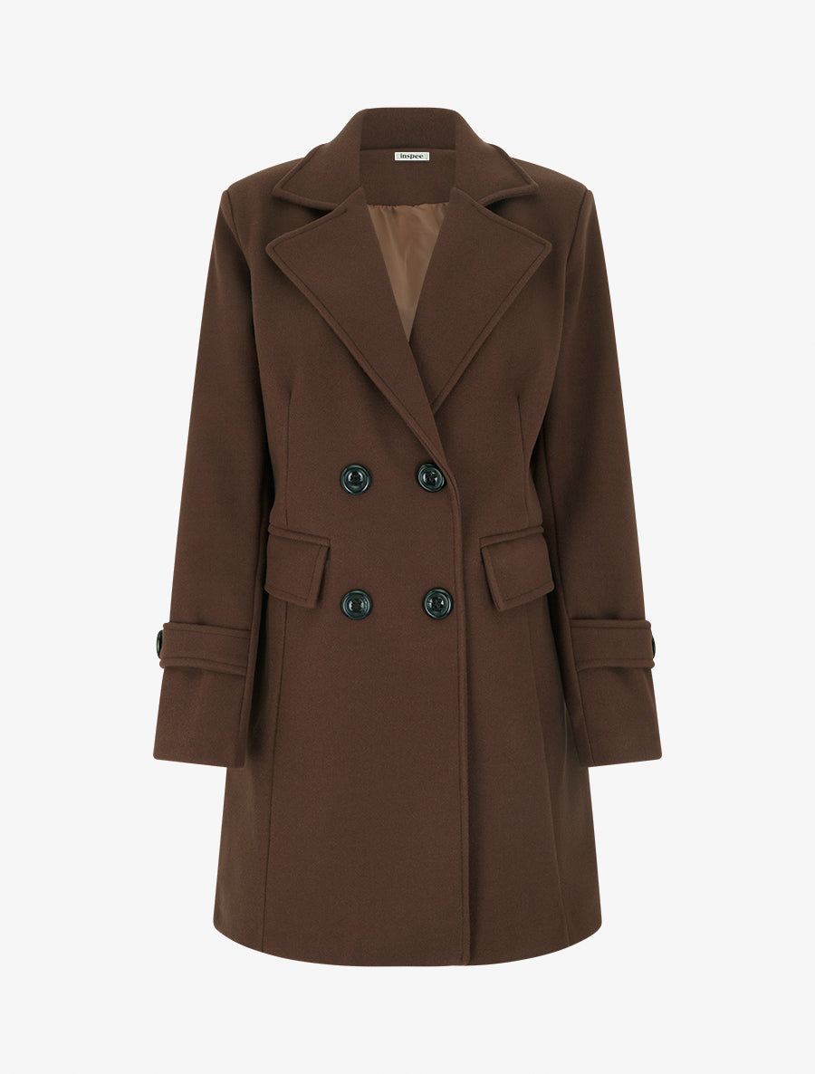 Manteau long croisé uni à col cranté et fermeture boutonnée - Marron - 1