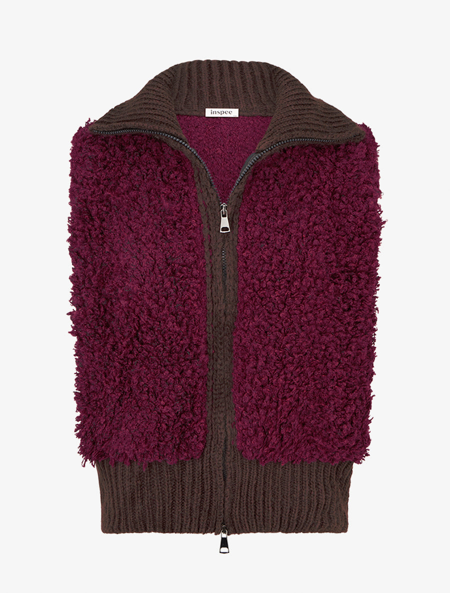 Gilet bicolore zippé sans manches effet bouclé - Lie de vin/marron - 1