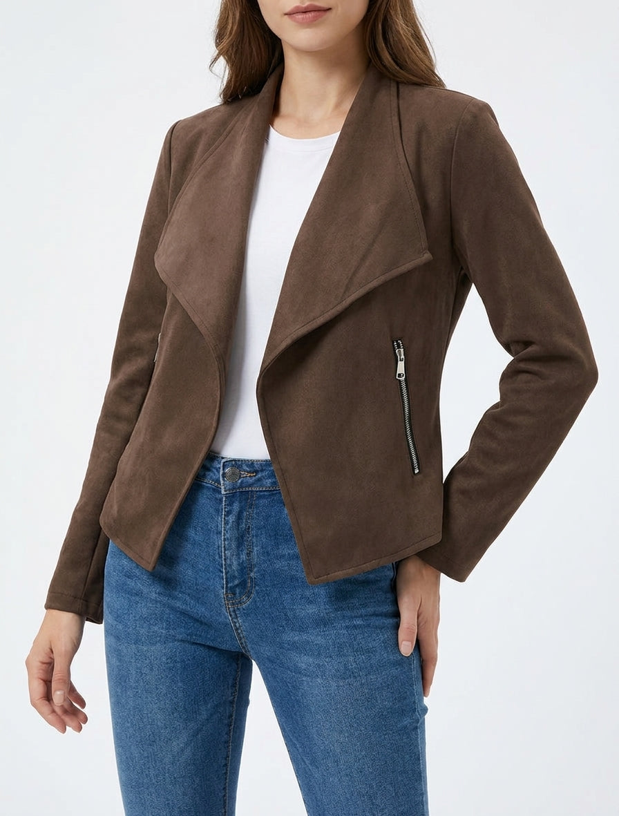 Veste en suédine à poches décoratives zippées - Marron