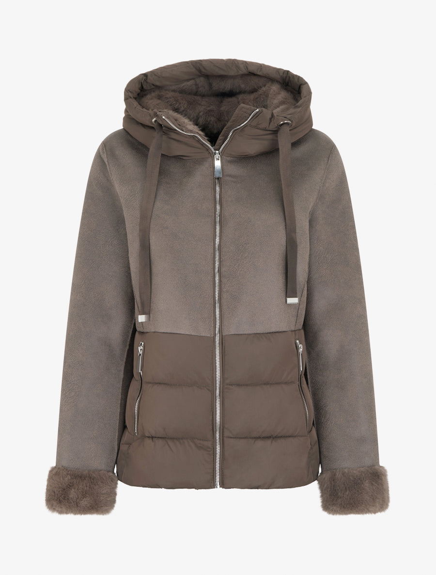 Manteau bimatière à intérieur fourrure synthétique - Taupe foncé - 1