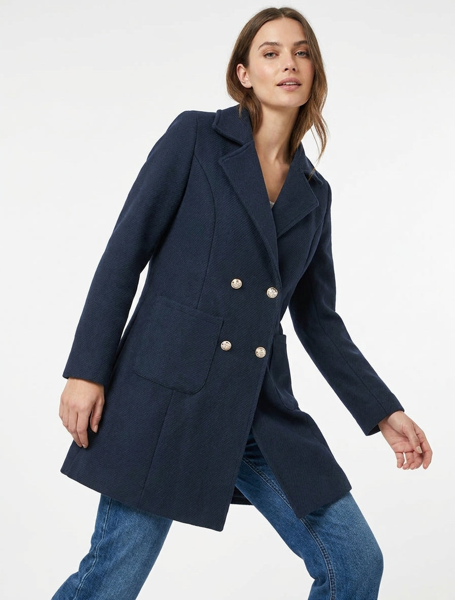 Manteau en laine mélangée à poches plaquées - Marine