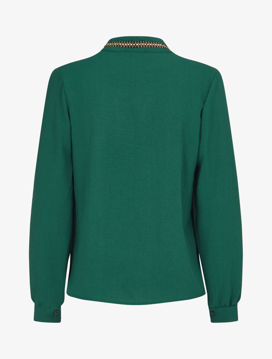 Top uni à col V brodé et irisé - Vert sapin - 2