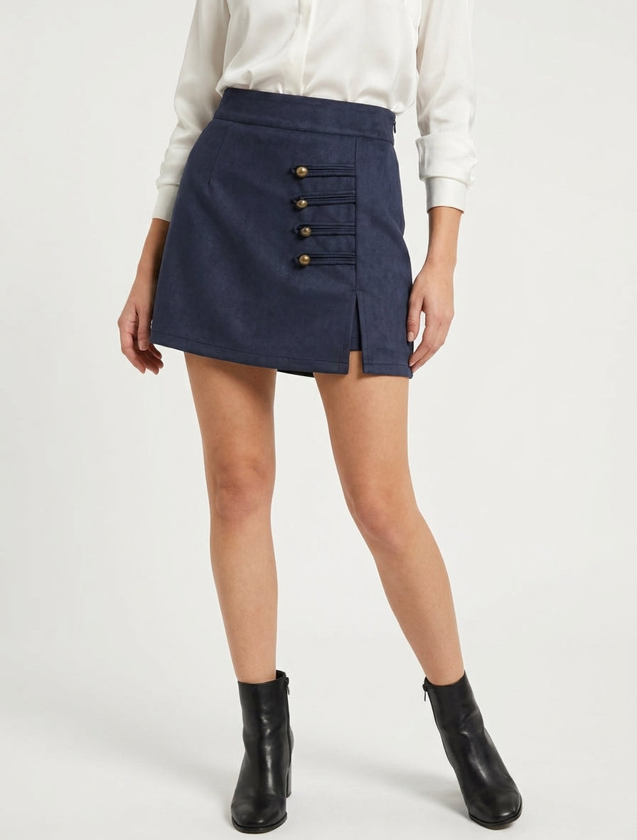 Suède rok-short met decoratieve knopen - Marine