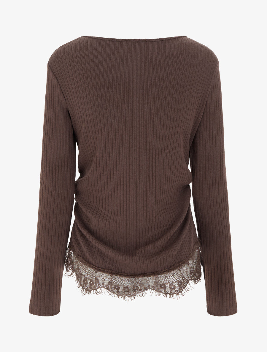 Pull côtelé bas dentelle et côtés froncés - Marron - 2