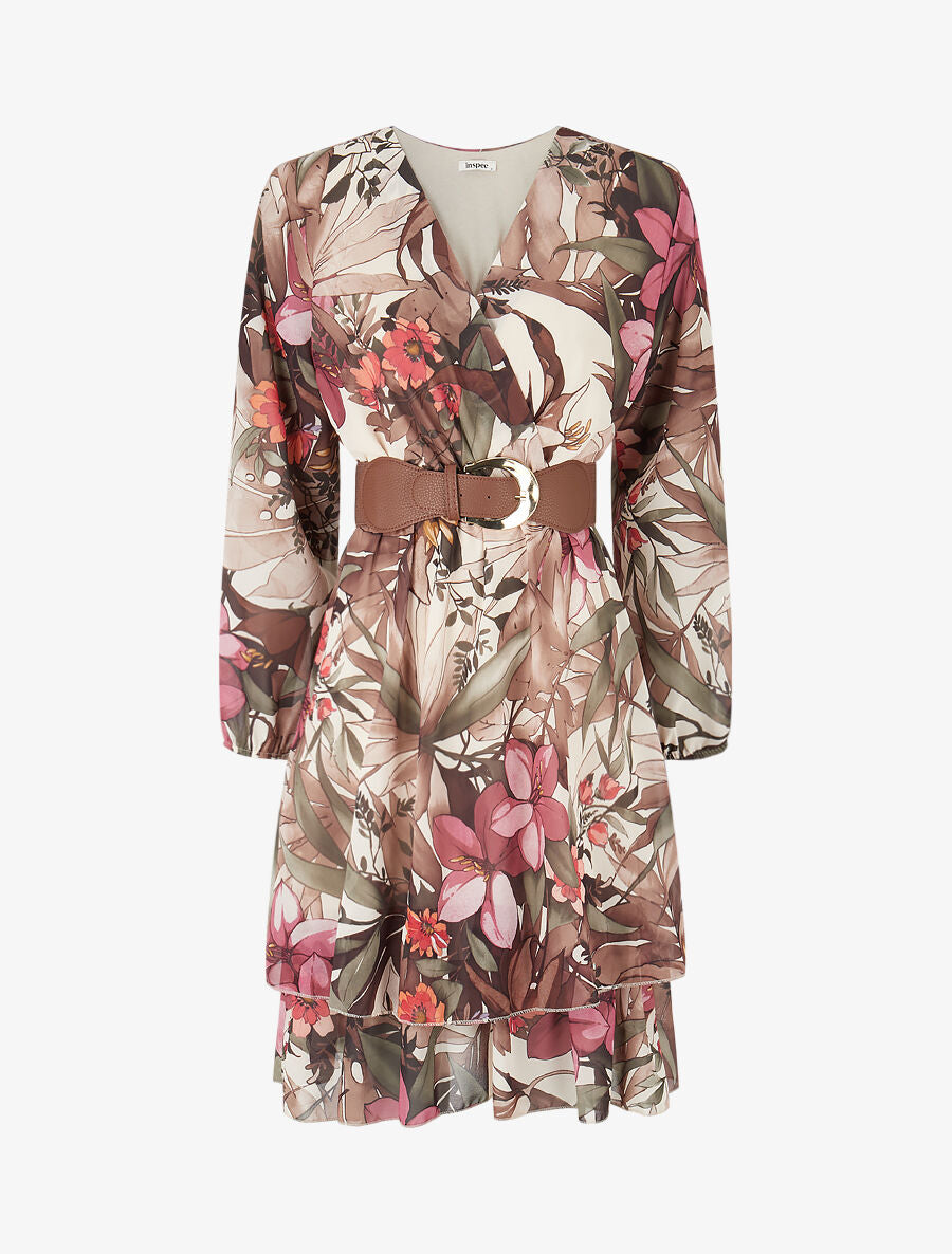Robe à basque imprimé tropical - Beige - 5