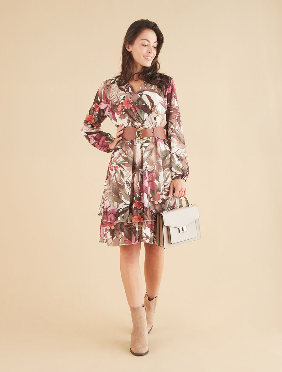 Robe à basque imprimé tropical - Beige - 4