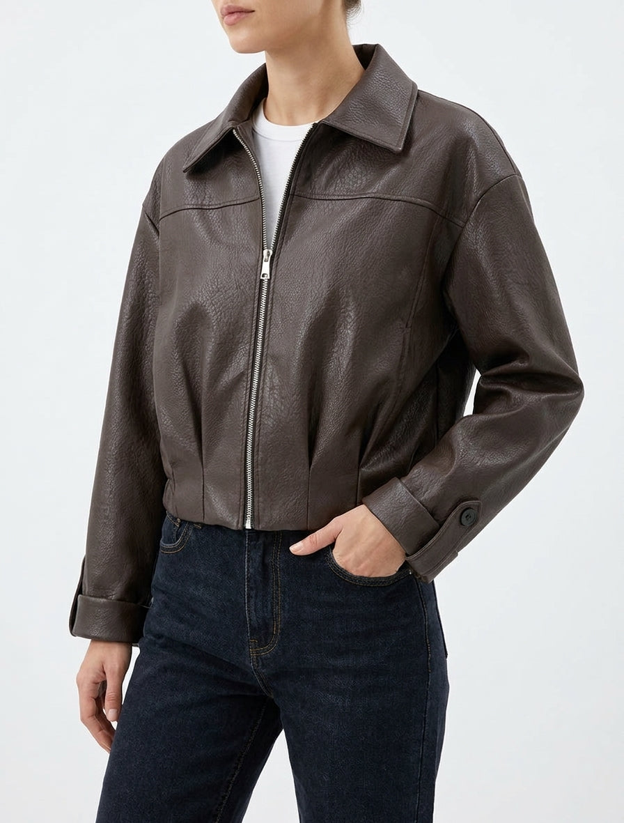 Blouson court en simili - Marron
