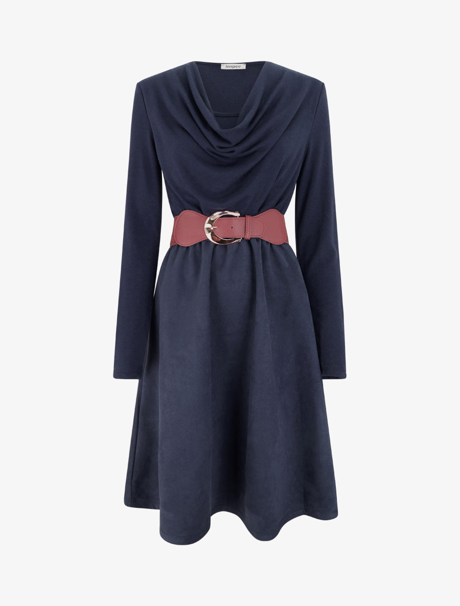 Robe bimatière à col bénitier - Marine - 1
