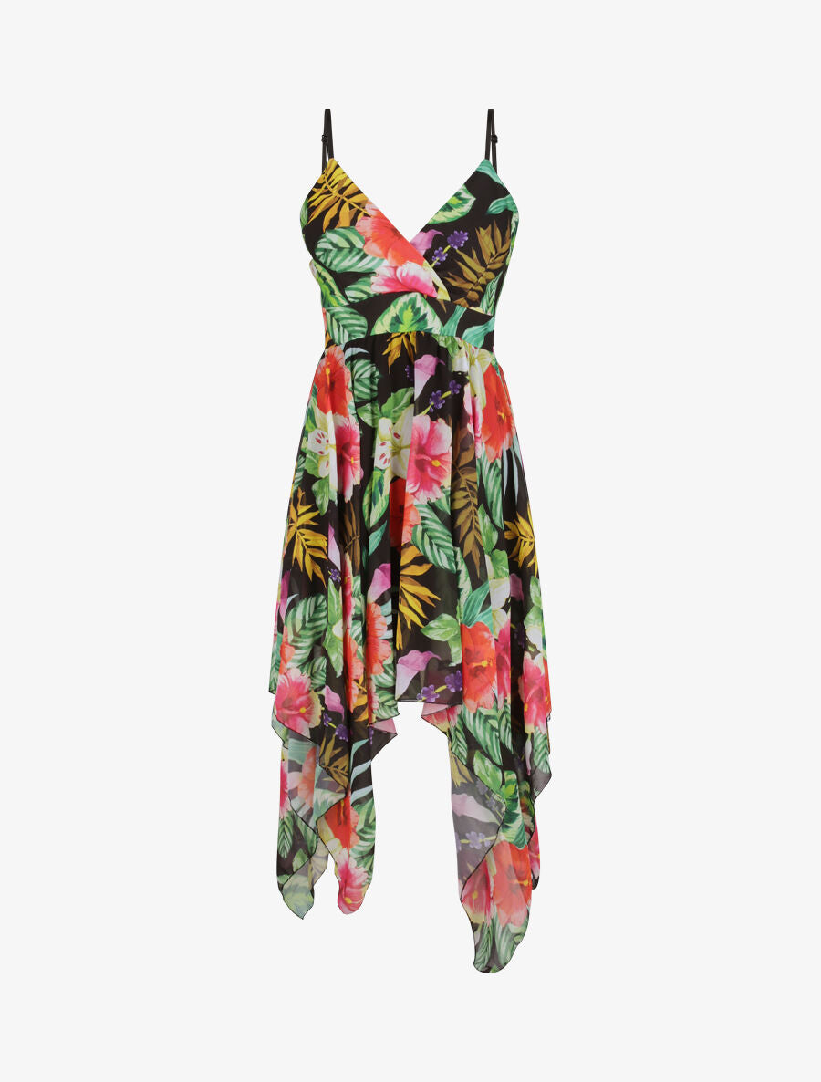 Robe empire mi-longue asymétrique imprimé hibiscus - Noir - 1