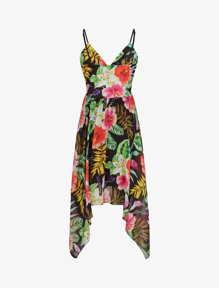 Robe empire mi-longue asymétrique imprimé hibiscus - Noir - 2