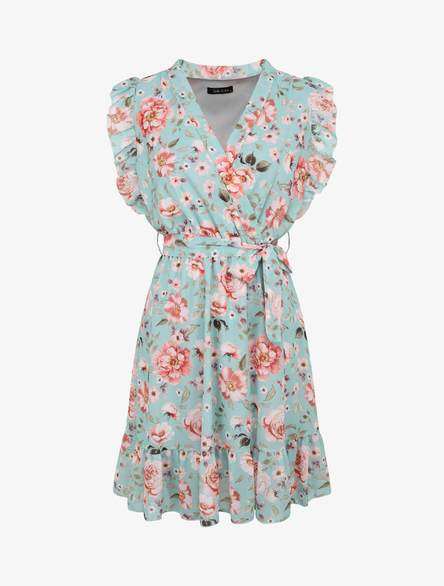 Robe patineuse mi-longue imprimé roses - Vert menthe - 4
