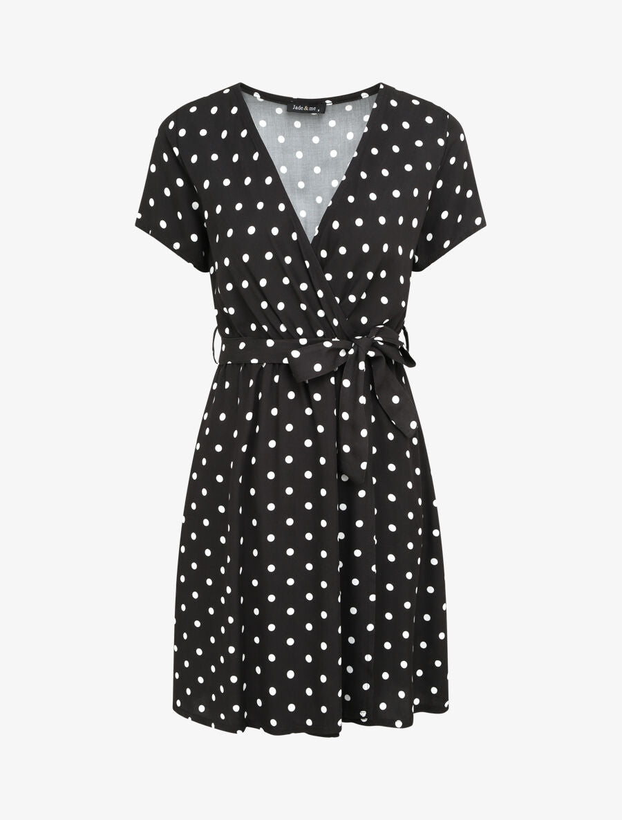 Robe courte portefeuille imprimé pois - Noir - 4
