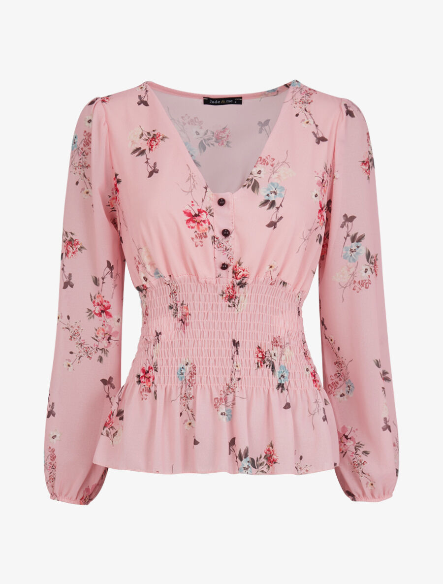 Top élastiqué imprimé floral - Rose pâle - 1