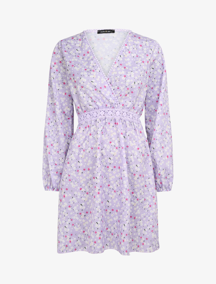 Robe imprimé fleurs de cerisier à détail crochet - Lilas - 4
