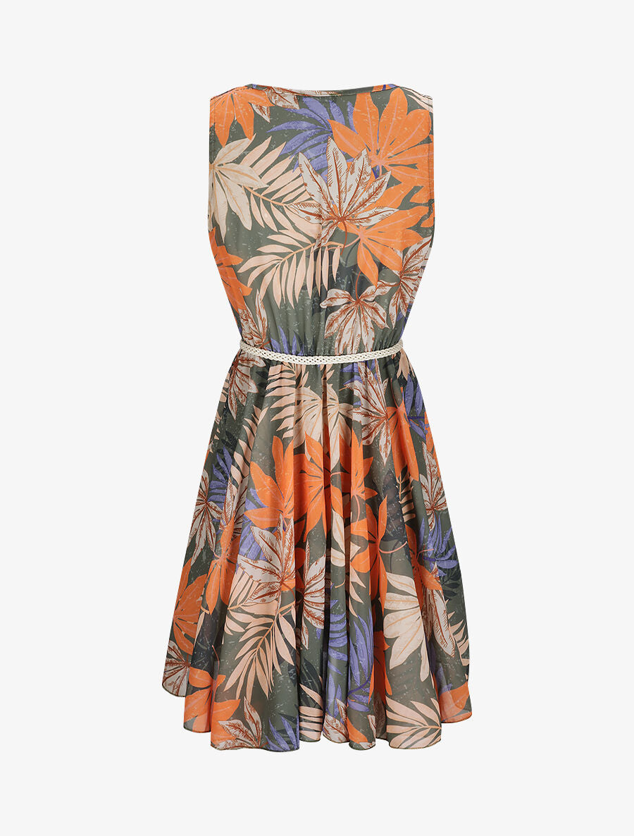 Robe patineuse sans manches imprimé tropical - Kaki - 2