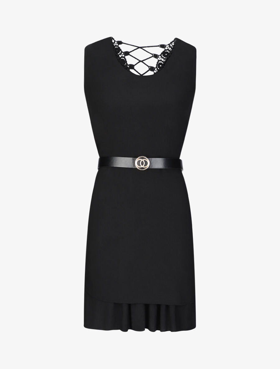 Robe courte droite à dos en crochet - Noir - 4