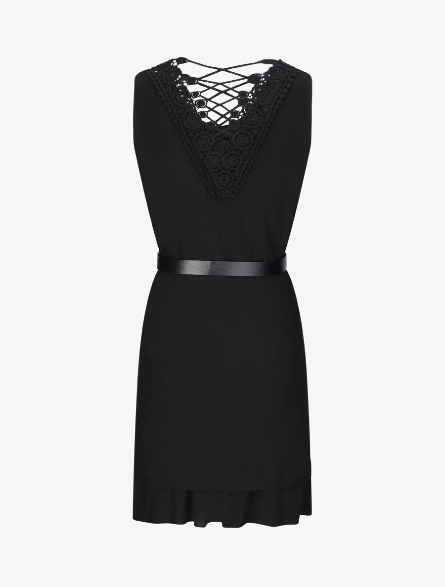 Robe courte droite à dos en crochet - Noir - 2
