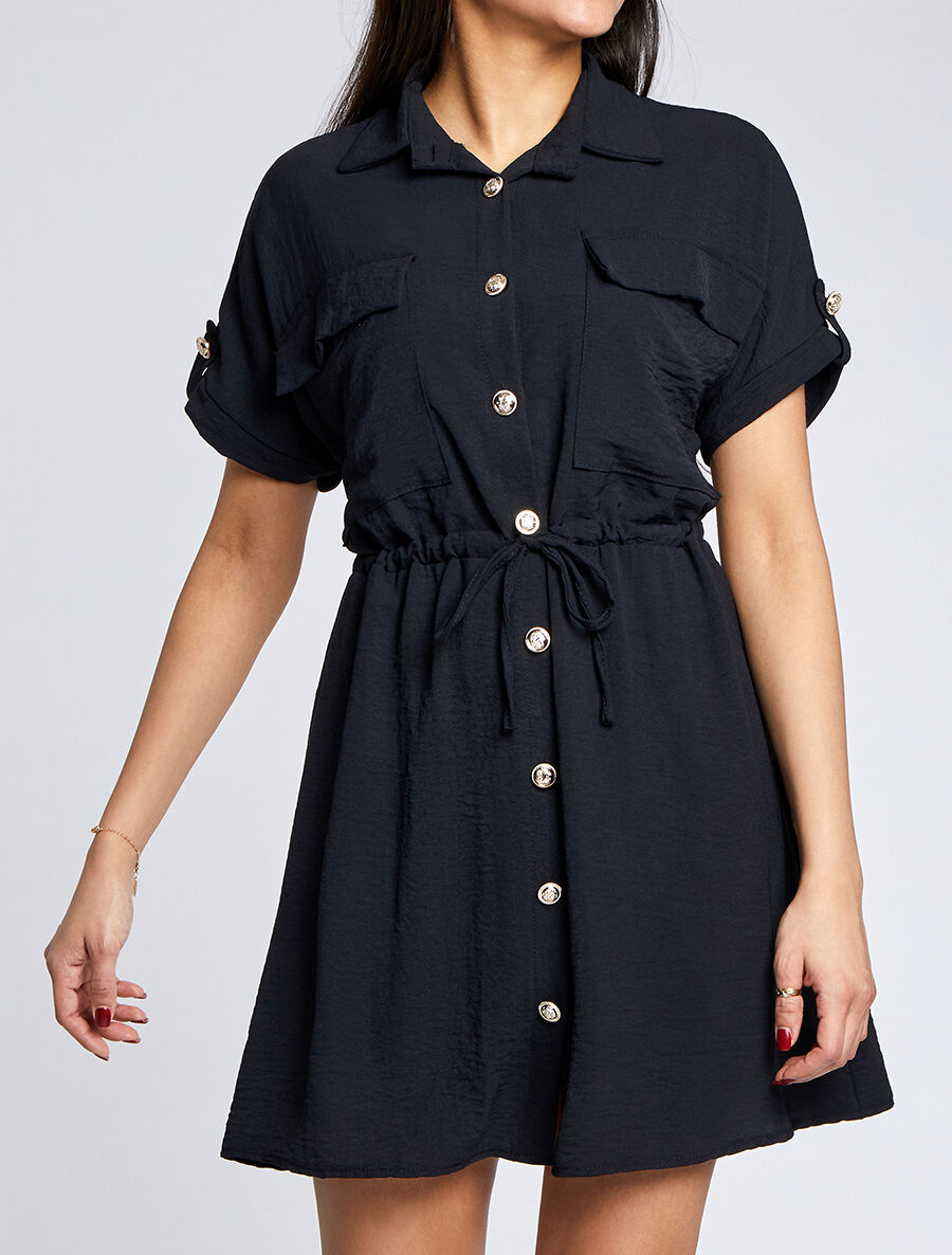 Robe chemise courte oversize unie à manches courtes - Noir - 4