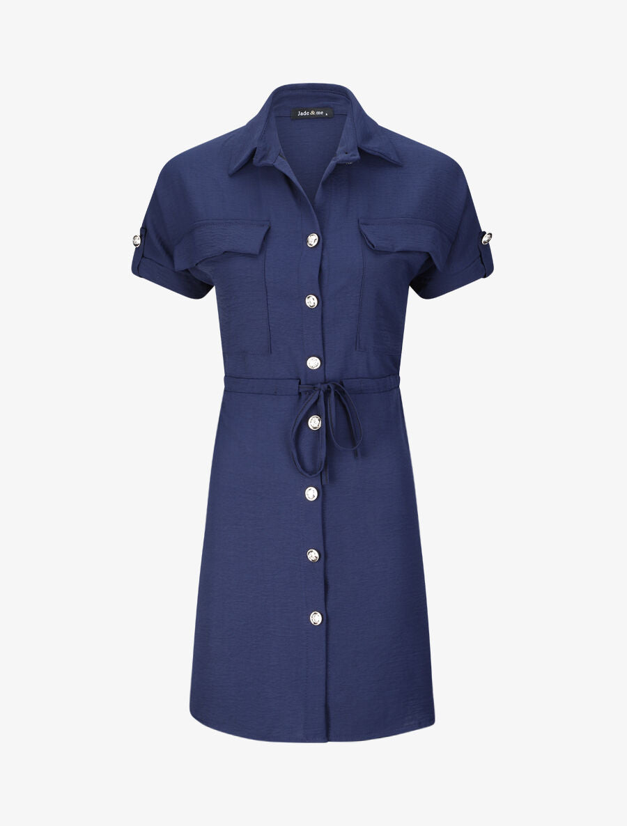 Robe chemise courte oversize unie à manches courtes - Marine - 1