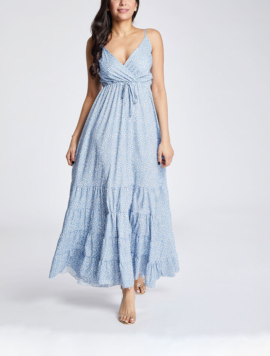 Robe longue à imprimé floral et bord volanté - Bleu ciel - 4