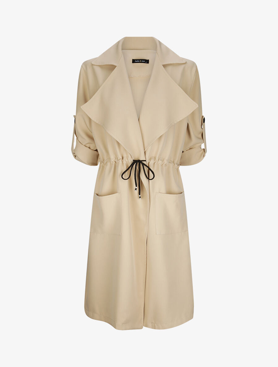 Veste longue droite à col cranté - Beige - 5