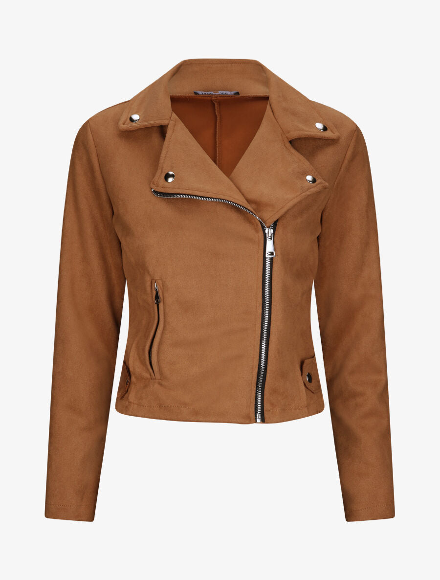 Perfecto droit en suédine poche zippée décorative - Camel - 1