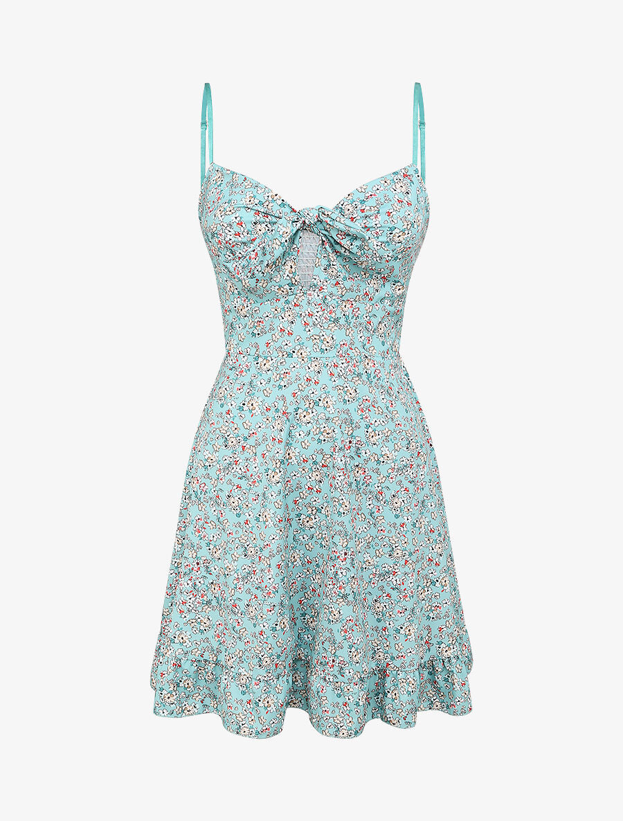 Robe courte empire fleurie à noeud - Bleu clair - 4