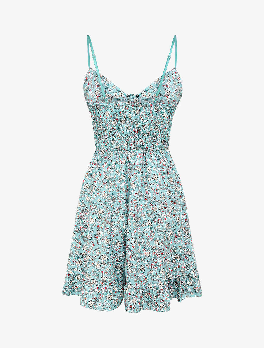 Robe courte empire fleurie à noeud - Bleu clair - 2