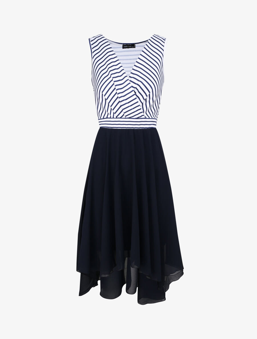 Robe patineuse rayée asymétrique à col cache-coeur - Marine - 1