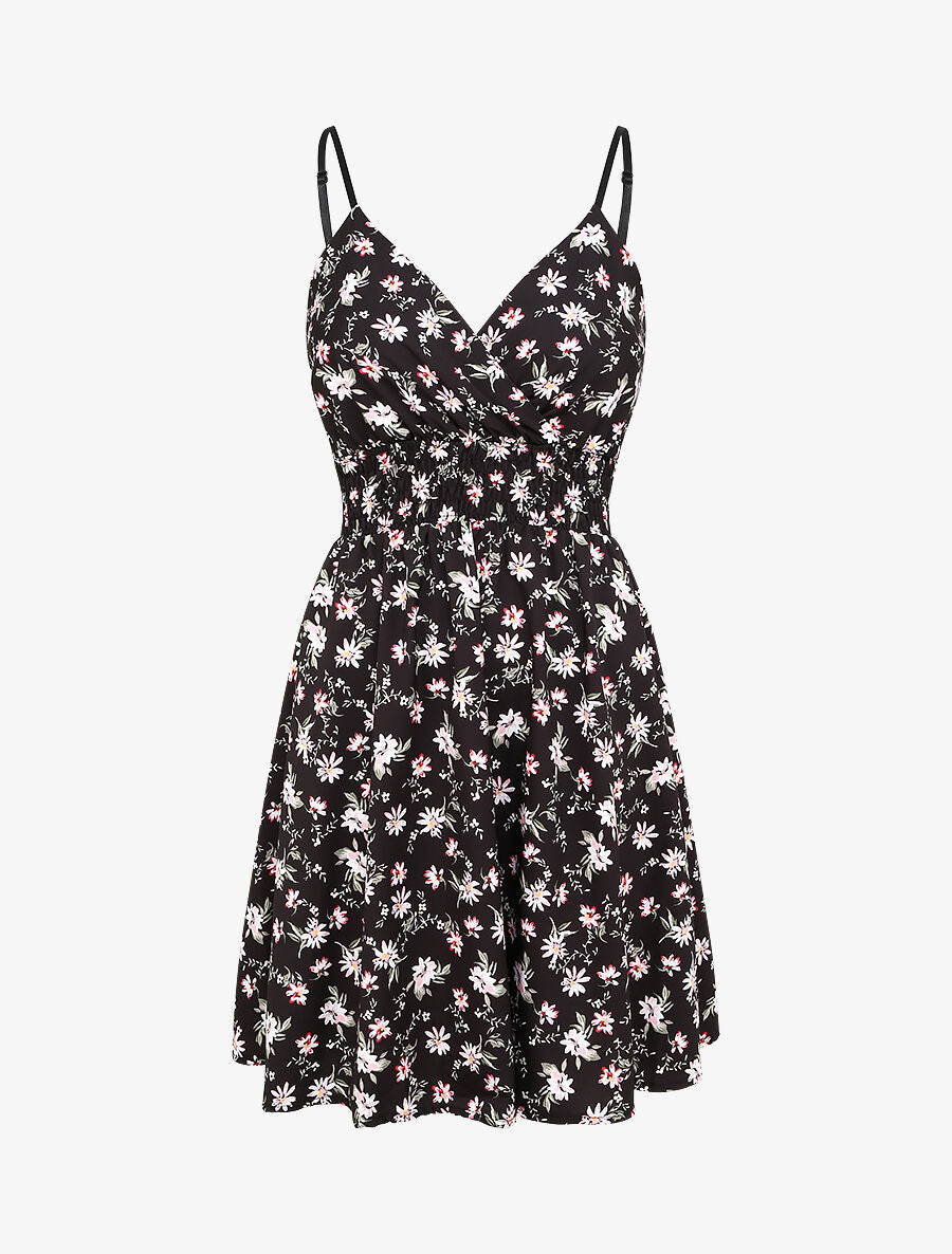 Robe cache-coeur fleurie à fines bretelles - Noir - 5