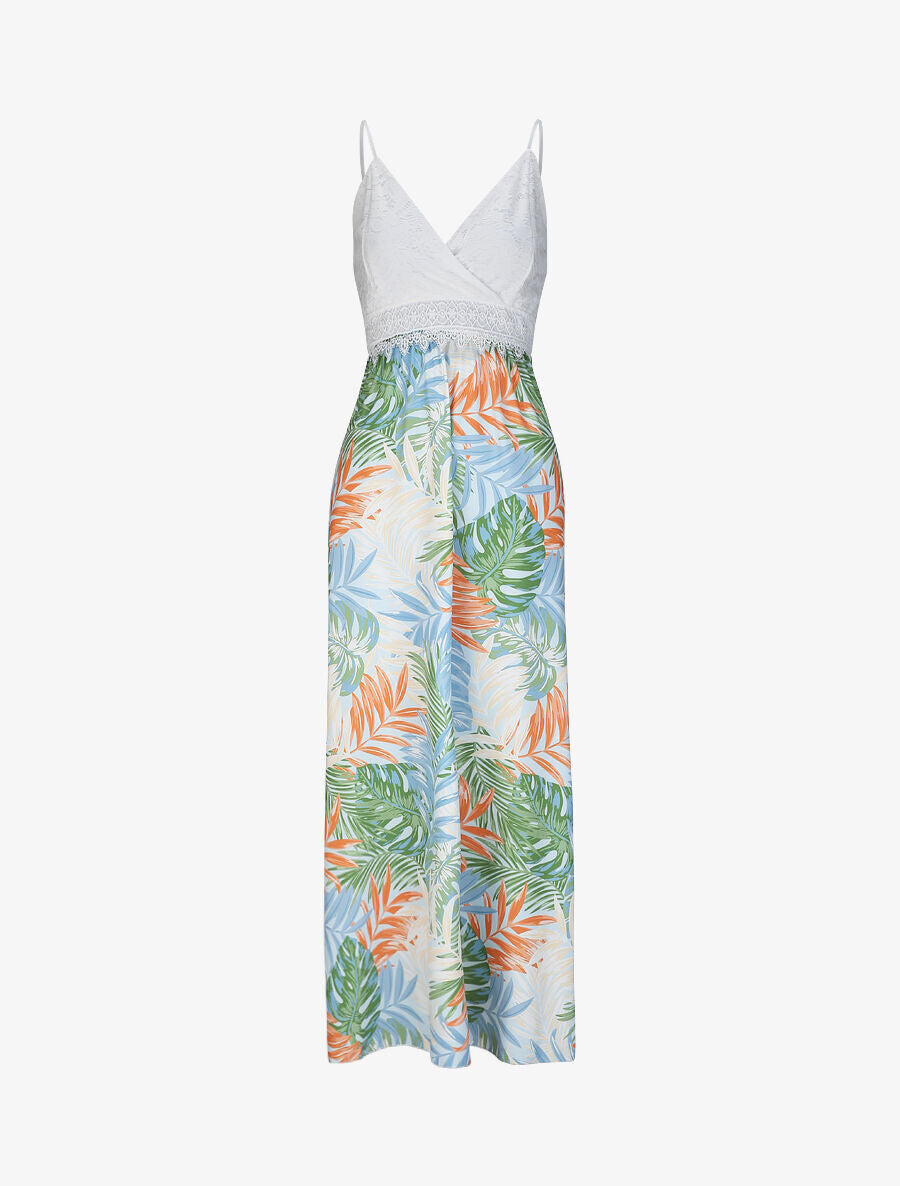 Robe longue empire imprimé plantes tropicales et buste dentelle - Bleu ciel - 5