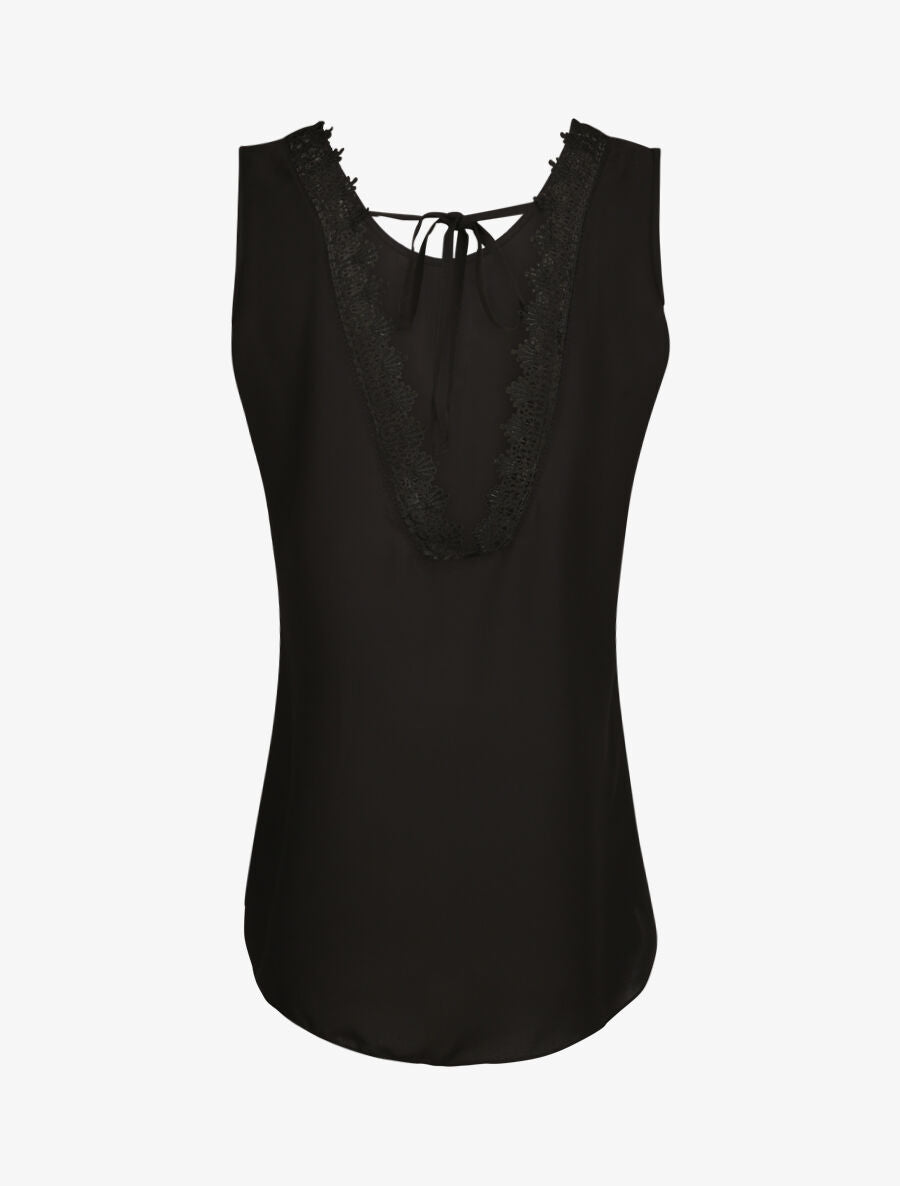 Top droit uni à dos en V et dentelle - Noir - 2