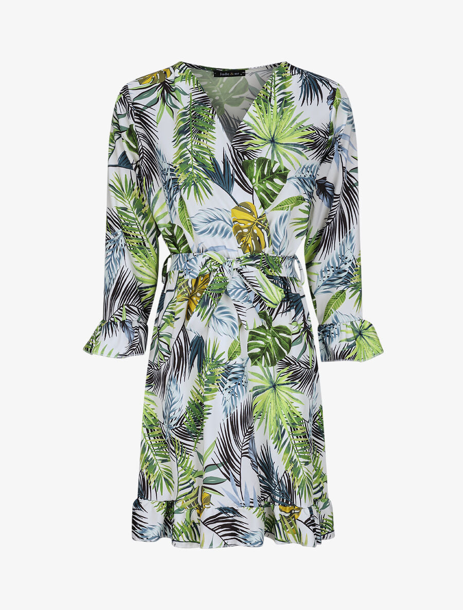 Robe imprimé tropical à manches et bords volantés - Blanc - 1