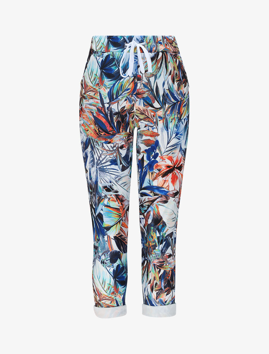 Pantalon imprimé tropical à taille élastiquée - Bleu - 4