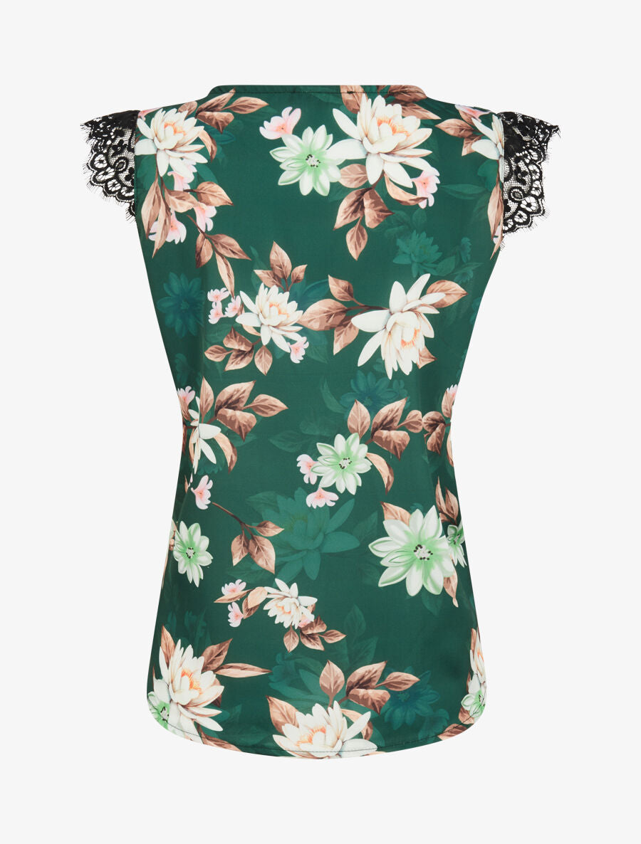 Top satiné imprimé fleurs de lotus à détail dentelle - Vert émeraude - 2