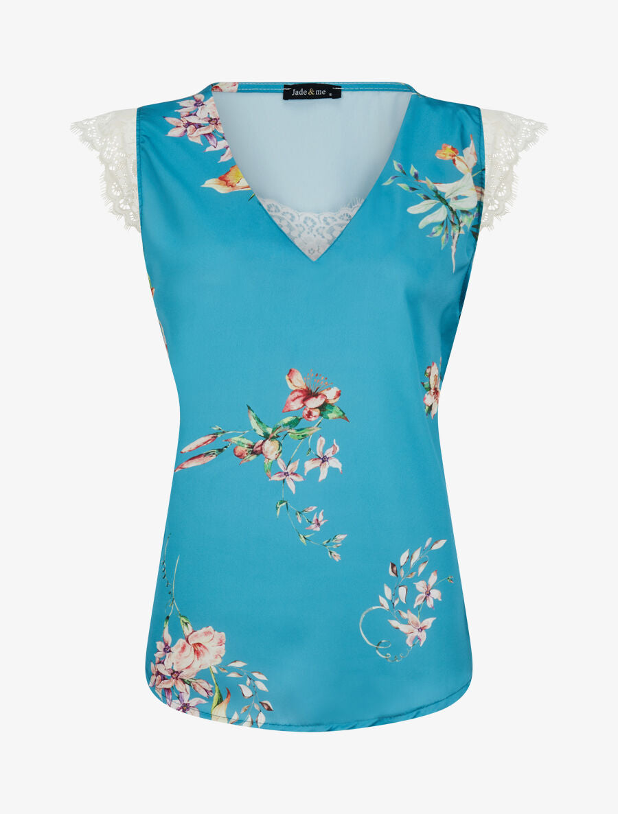 Top satiné imprimé fleurs de lys à détail dentelle - Bleu lagon - 1
