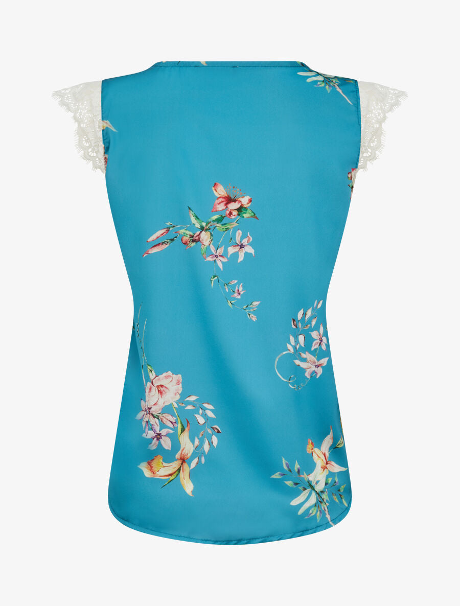 Top satiné imprimé fleurs de lys à détail dentelle - Bleu lagon - 2
