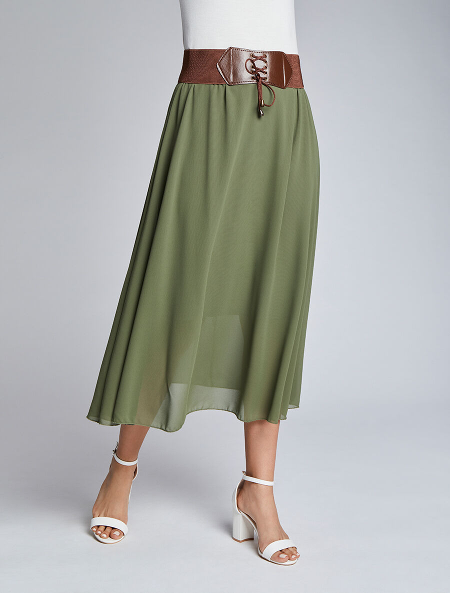 Jupe midi fluide unie - Kaki - 4
