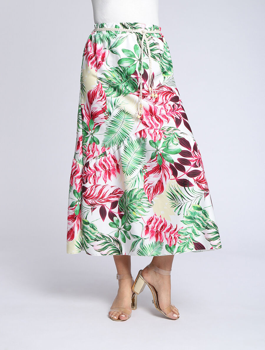 Jupe mi-longue à couture en V imprimé tropical - Blanc - 4