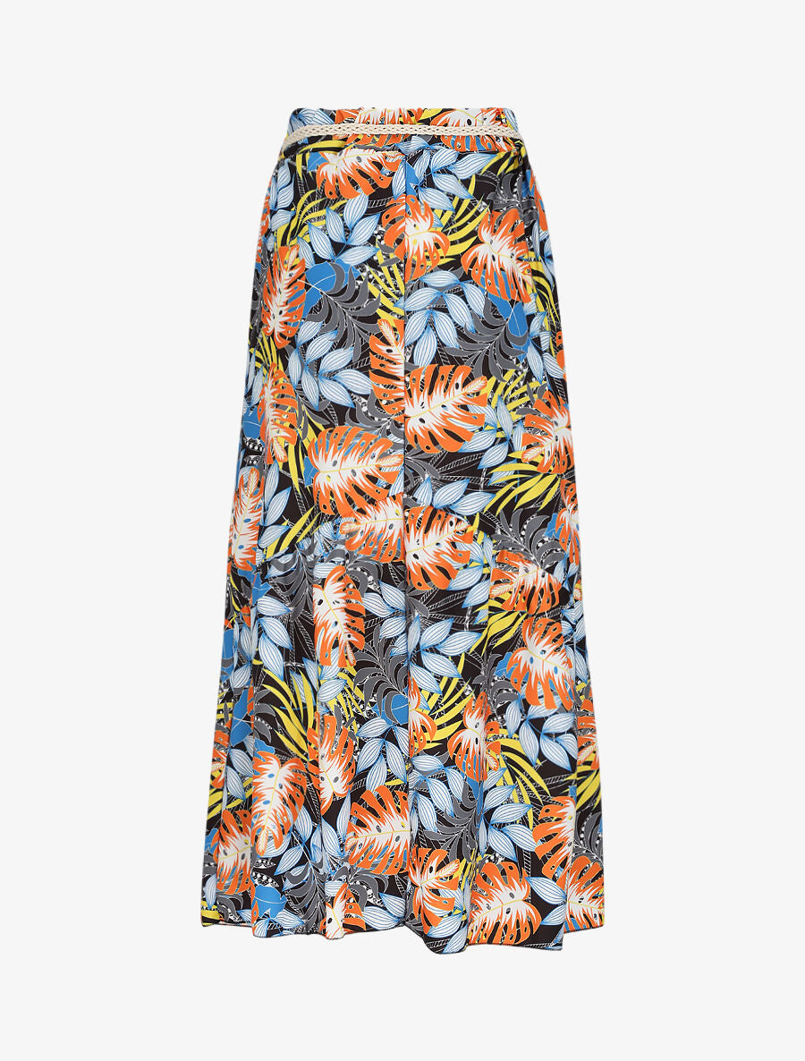 Jupe mi-longue à couture en V imprimé tropique stylisé - Noir - 2