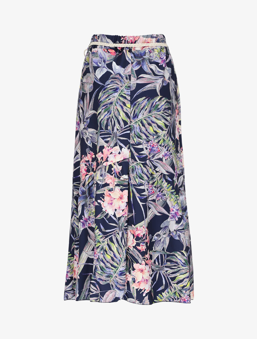 Jupe mi-longue à couture en V imprimé plantes tropicales - Marine - 2