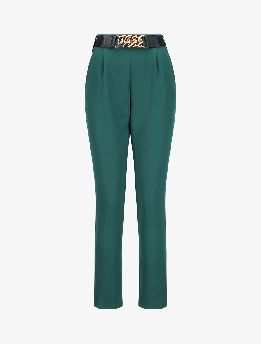 Pantalon uni à ceinture stylisée - Vert sapin - 1