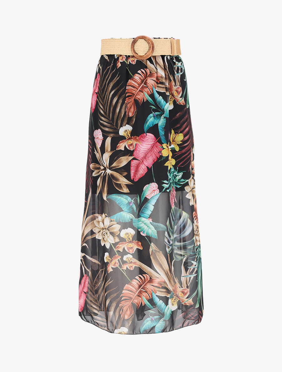 Jupe longue en voile imprimé fleurs tropicales - Noir - 5