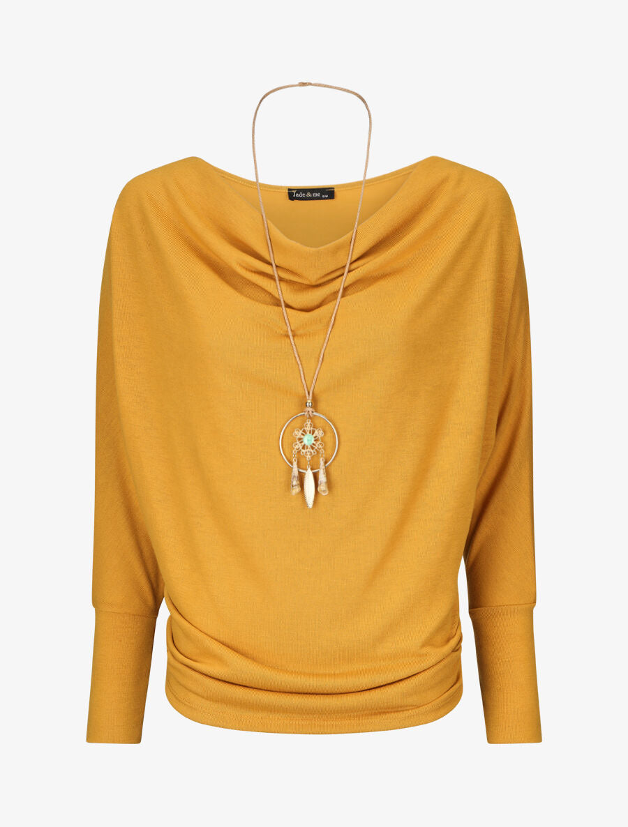 Pull uni à col bénitier et sautoir - Moutarde - 5