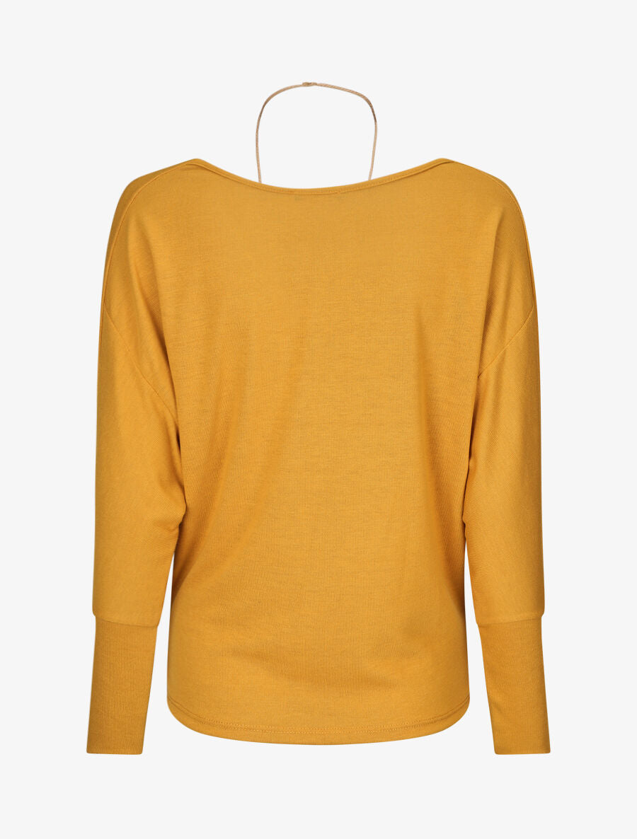 Pull uni à col bénitier et sautoir - Moutarde - 2