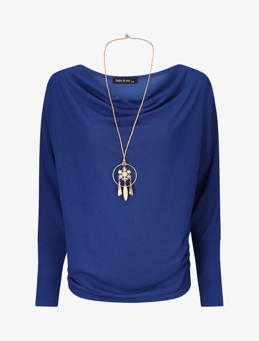 Pull uni à col bénitier et sautoir - Bleu électrique - 5