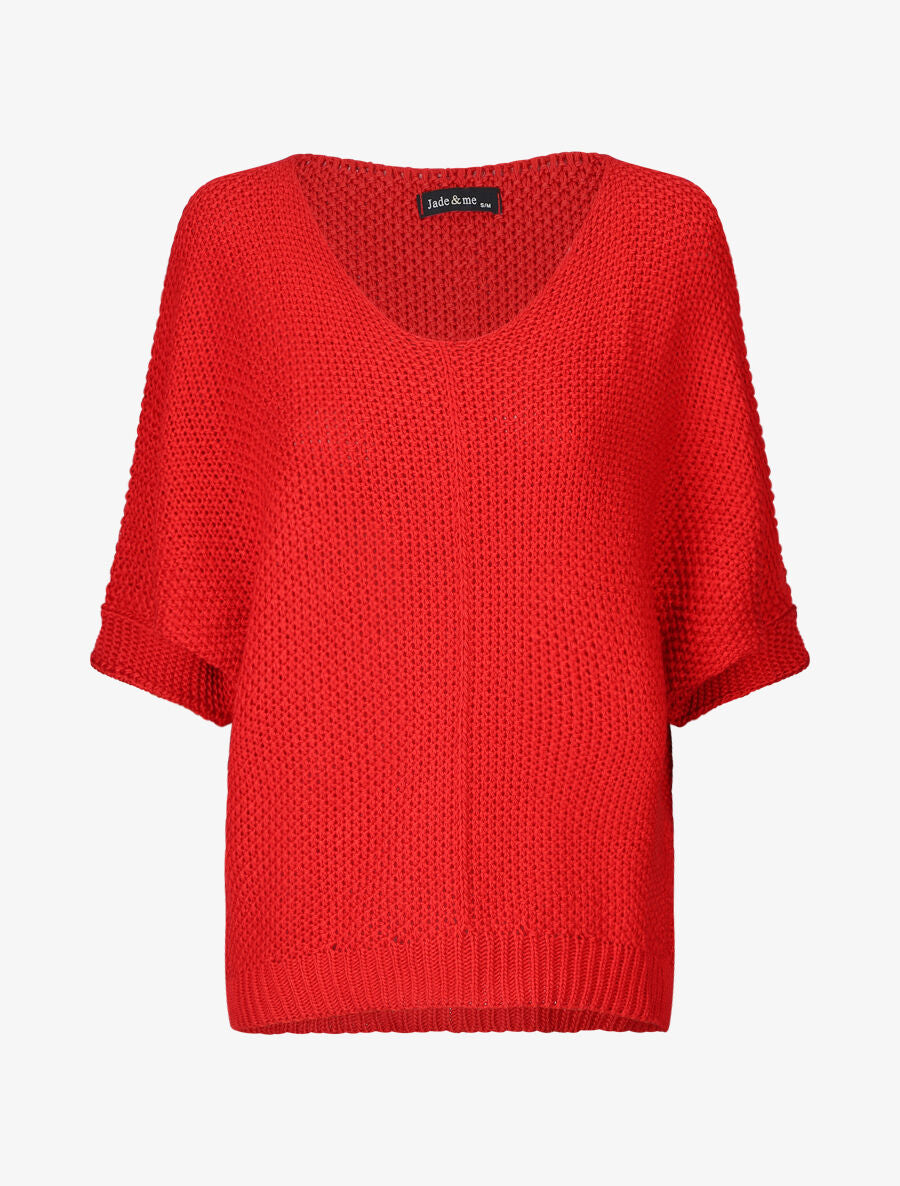Pull grosse maille à manches 3/4 - Rouge - 5
