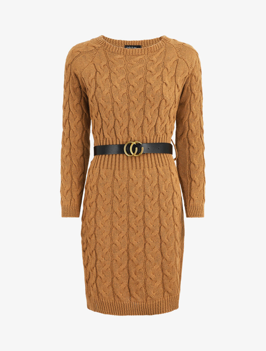 Robe pull courte effet tressé - Camel - 1